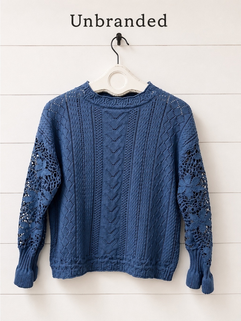 Blue Knit Sweater with Lace Sleeves – Size M